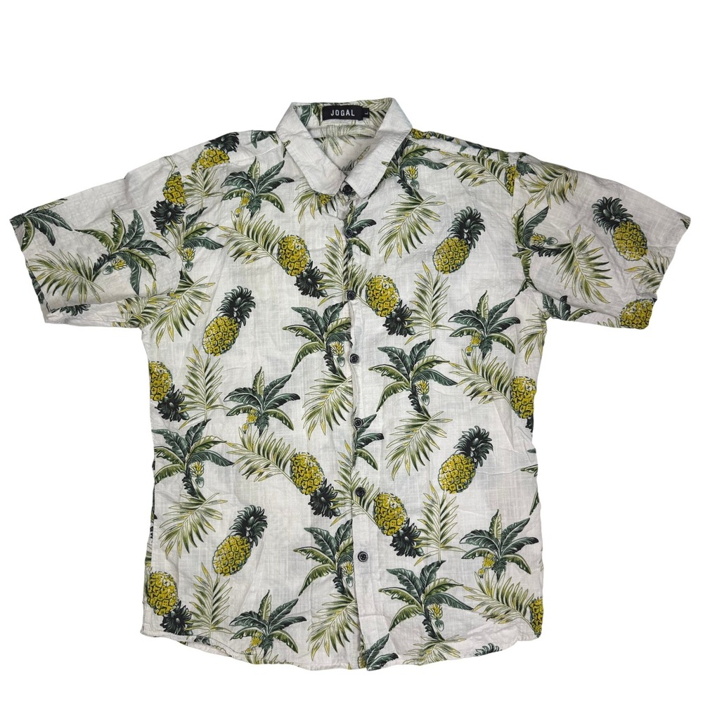 JOGAL Tropical Pineapple Vacation Mens Button Down Shirt White Cotton Blend
